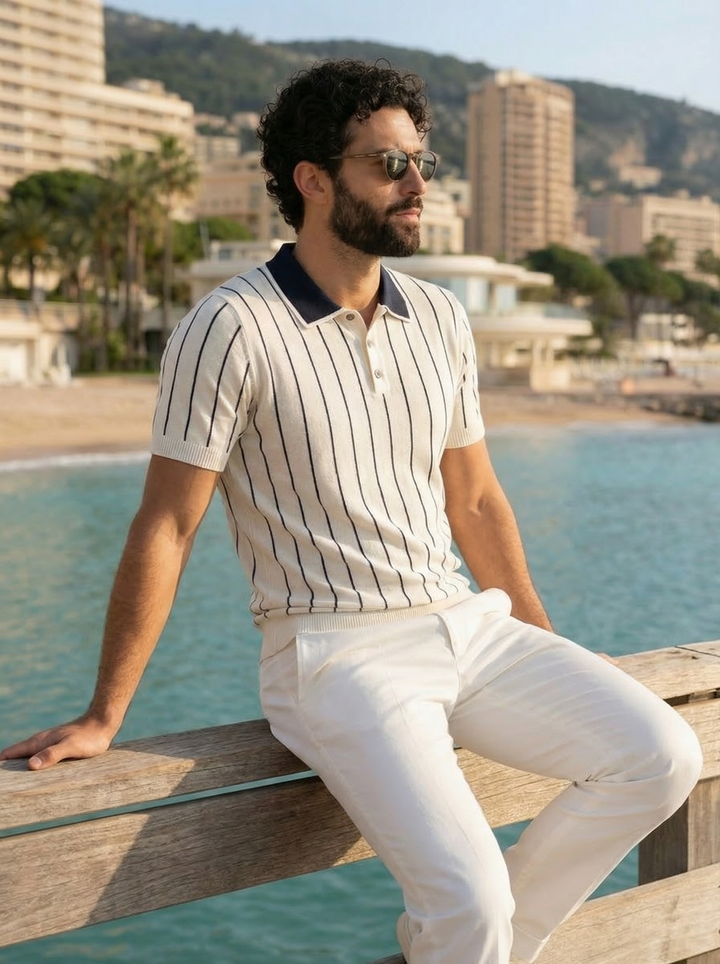 Seradore Pinstripe Knit Polo – Coastal Ivory