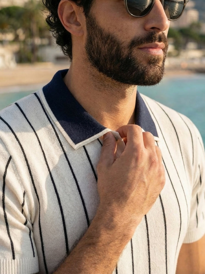 Seradore Pinstripe Knit Polo – Coastal Ivory