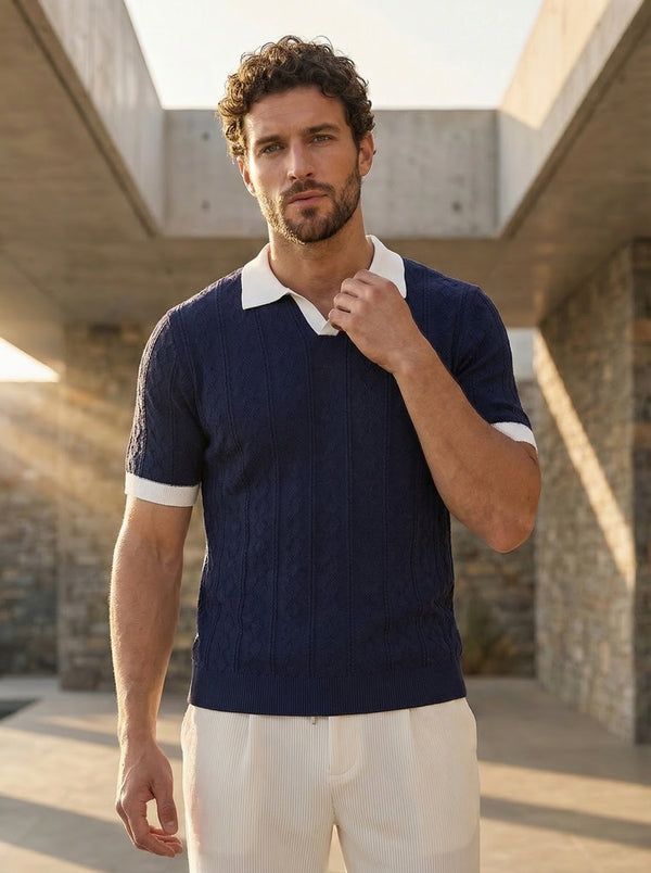 The Commodore Blue Contrast Collar Knitted T-Shirt