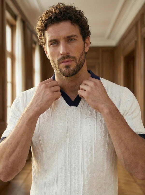 The Commodore White Contrast Collar Knitted T-Shirt