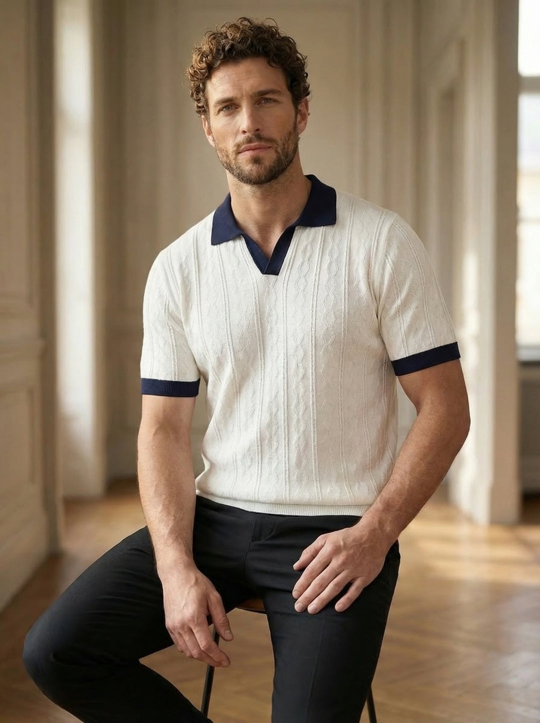 The Commodore White Contrast Collar Knitted T-Shirt