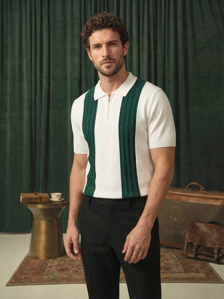 Greenwich Knitted Polo T-Shirt White &amp; Green