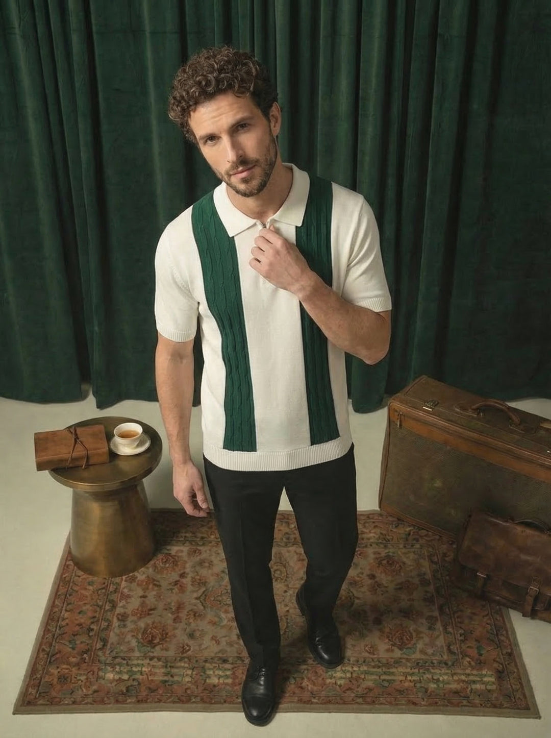 Greenwich Knitted Polo T-Shirt White &amp; Green