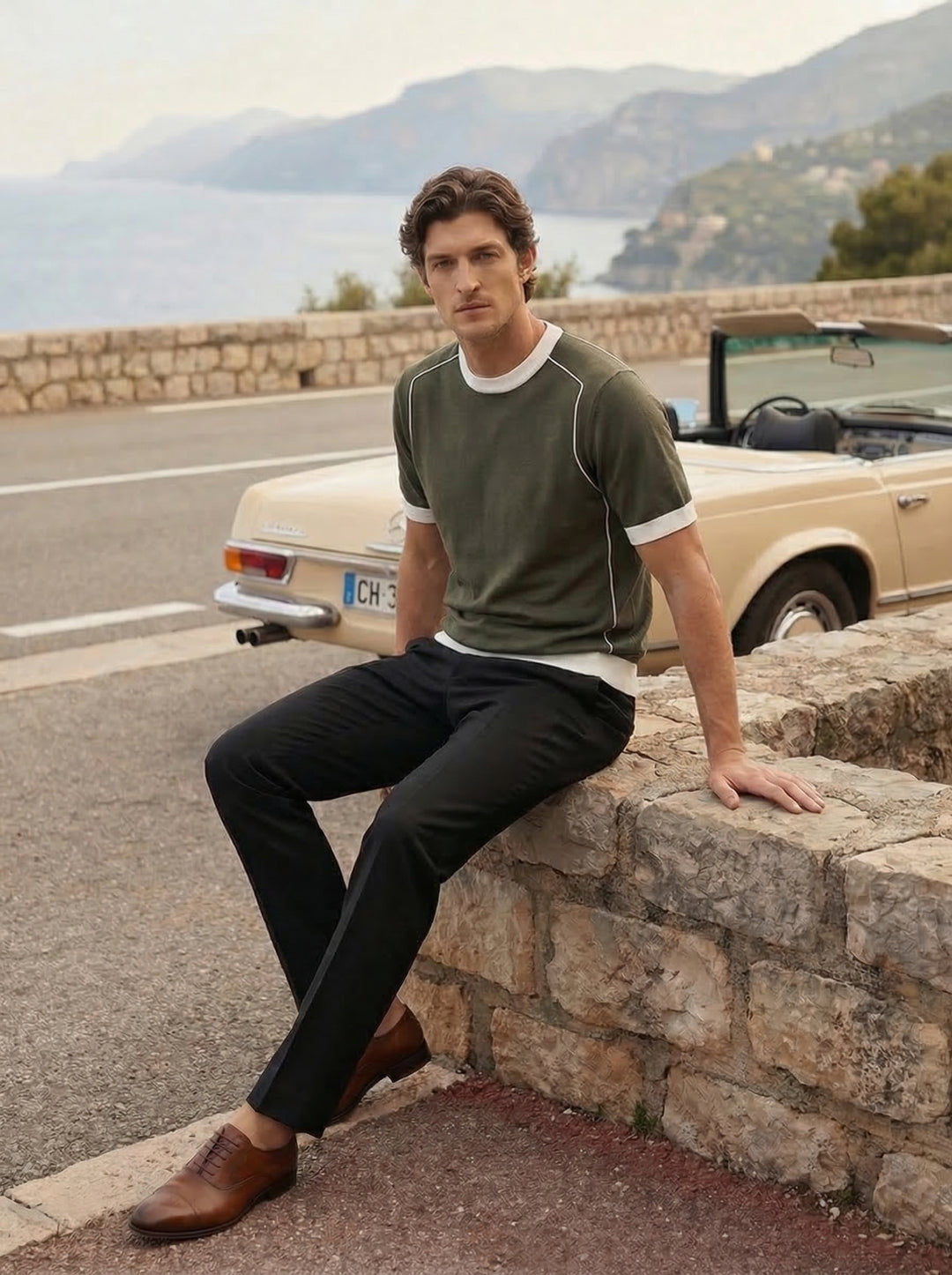 Cavriel Contrast Knit Tee – Alpine Olive