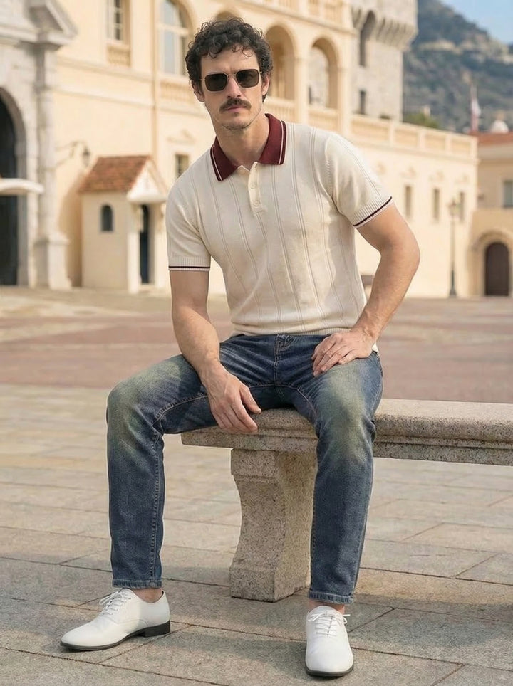 Montelvo Ribbed Knit Polo – Ivory Merlot