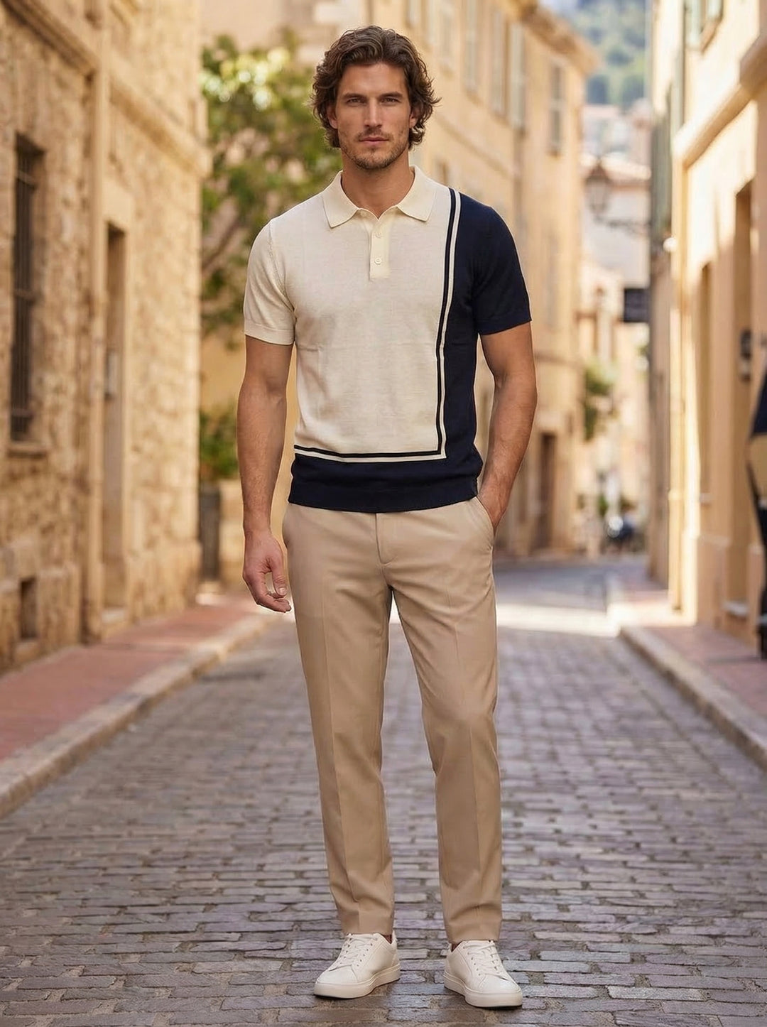 Aurevino Panel Knit Polo – Tuscan Ivory