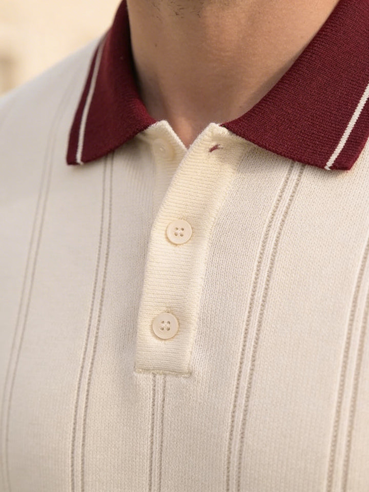 Montelvo Ribbed Knit Polo – Ivory Merlot