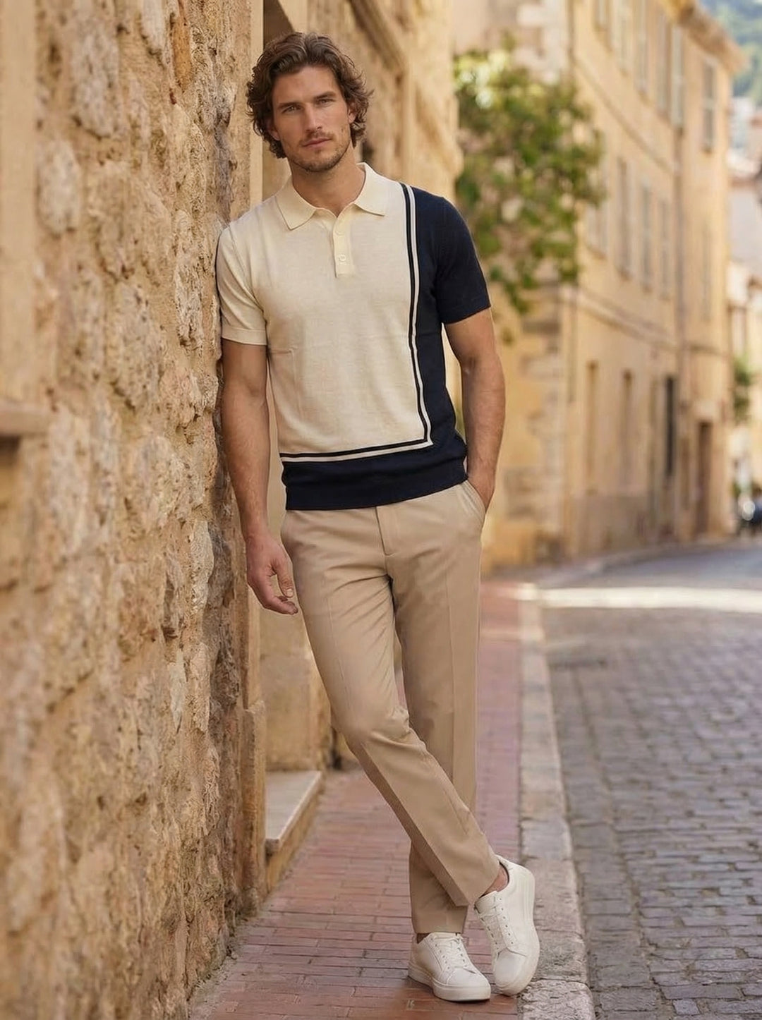 Aurevino Panel Knit Polo – Tuscan Ivory