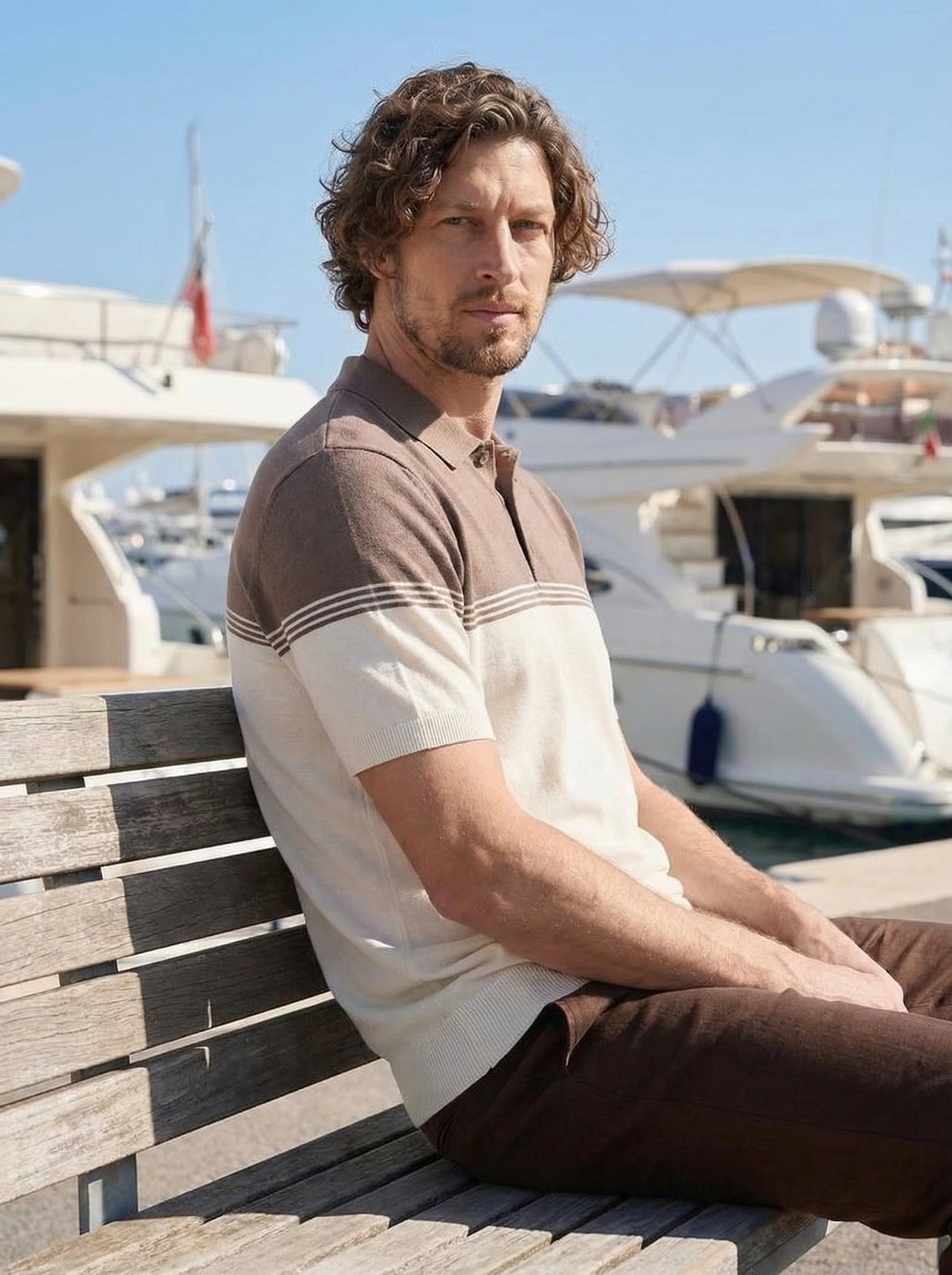 Velmorio Riviera Stripe Polo – Cocoa Drift