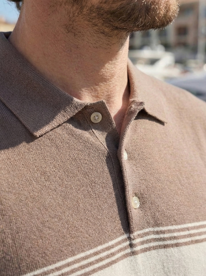 Velmorio Riviera Stripe Polo – Cocoa Drift